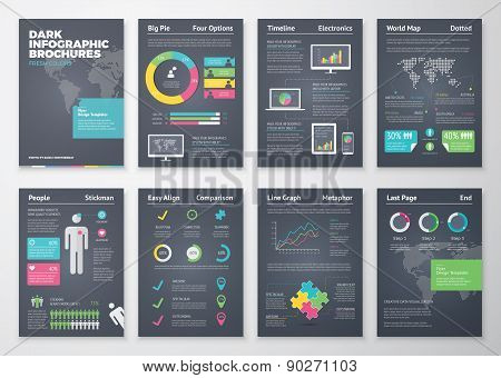 Colorful flat infographic brochures with dark background