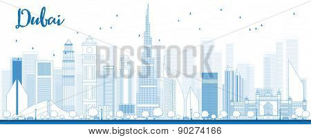 Outline Dubai City skyline with blue skyscrapers. Vector illustration