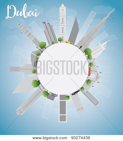 Dubai City skyline with gray skyscrapers, blue sky and copy space. Vector illustration