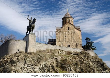 Metekhi Church And King Vakhtang Gorgasali On The Horse Monument In Tbilisi,famous Landmark, Georgia