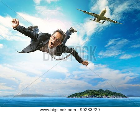 Business Man Flying From Passenger Plane Over Natural Blue Ocean Island Use For People Holiday And V