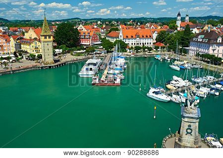 Boats at port of Lindau harbour, Lake Constance, Bavaria, Germany