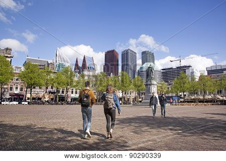 Elderly Couple Walk On Plein In The Hague On Spring Day