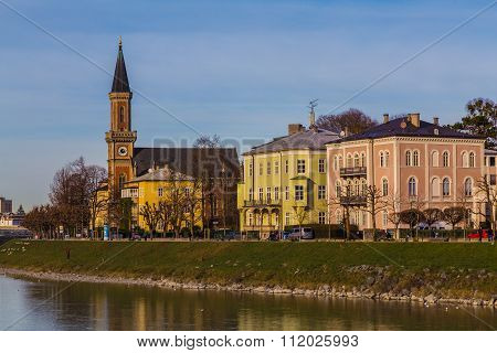 Buildings Along The River Salzach In Salzburg