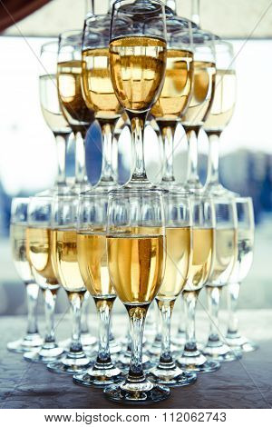 Pyramid of glasses of champagne