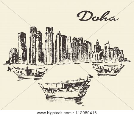 Doha skyline Dhow Qatar illustration drawn sketch