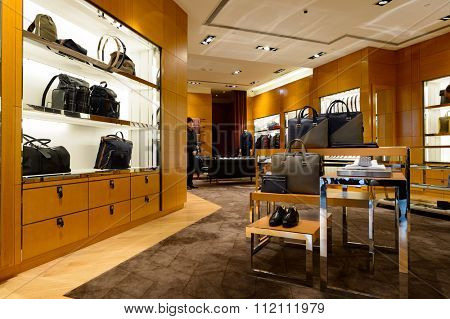 SINGAPORE - NOVEMBER 08, 2015: interior of Dunhill store. Alfred Dunhill, Ltd. is a British luxury goods brand, specialising in ready-to-wear, custom and bespoke menswear, leather goods, accessories.