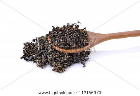 Pile Of Dried Green  Tea Leaves On White Background