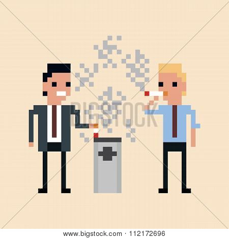 pixel art Illustration of office workers smoking a cigarette