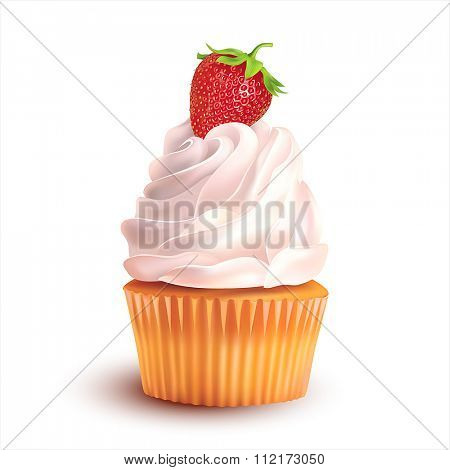 Strawberry cupcake on white. Vector illustration.