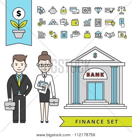 Flat Finance Concept With Businessman And Bank