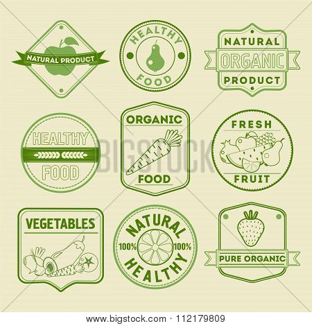 Set Of Healthy Food Badges And Logos With Fruits And Vegetables