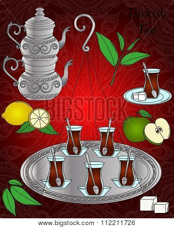 Vector line icon. Turkish tea set.
