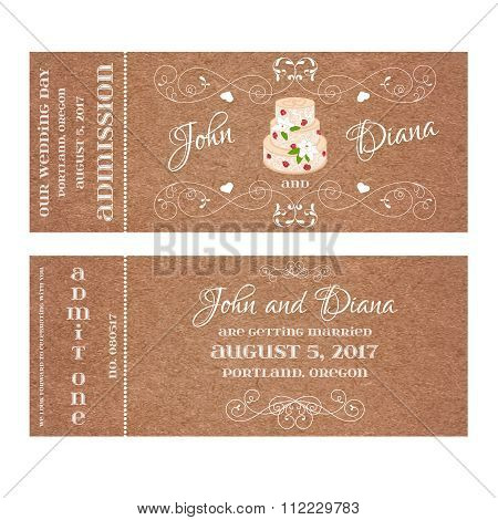 Vector Grunge Ticket for Wedding Invitation with cake and roses