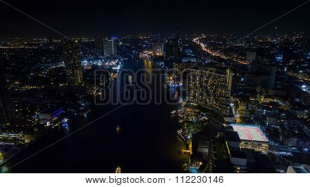 Night Scene Of Chaopraya River In Heart Of Bangkok Thailand