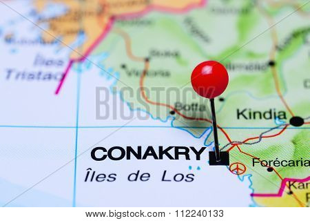 Conakry pinned on a map of Africa
