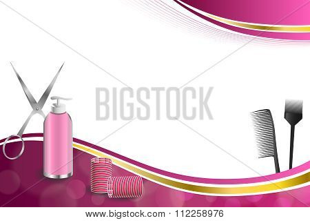 Background abstract pink hairdressing barber tools red curler scissors brush gold ribbon frame