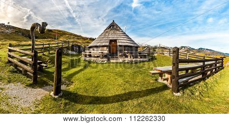 Mountain Cottage Hut Or House On Idyllic Hill Velika Planina.