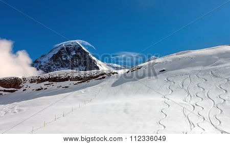 Ski Slope In The Background Of Mount Eiger.
