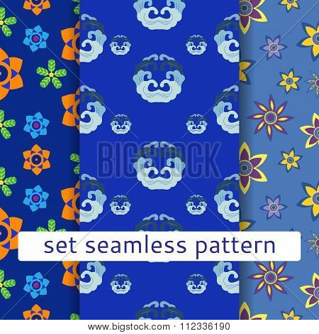 set of seamless patterns with flowers and waves