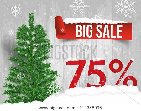 Winter Sale 75 Percent. Winter Sale Background With Red Ribbon Banner And Snow. Sale. Winter Sale. C