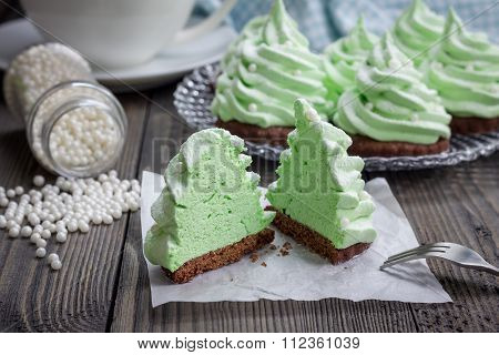 Homemade Apple Zefir Fir-tree, Placed On Chocolate Cookie And Decorated With Sugar Balls