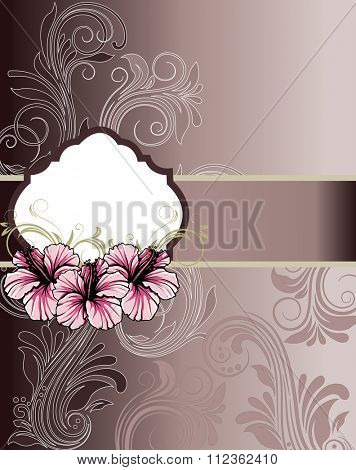 Vintage invitation card with ornate elegant retro abstract floral design, chocolate brown and grayish light brown flowers and leaves on faded brown background. Vector illustration.
