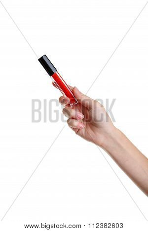 Female Hand With Lip Gloss Isolated On White