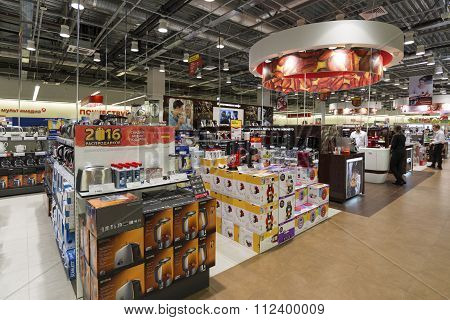 Khimki, Russia - December 22 2015. Interior Mvideo large chain stores selling electronics and househ