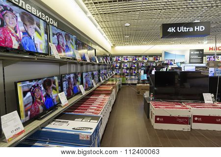 Khimki, Russia - December 22, 2015: TV in Mvideo large chain stores selling electronics