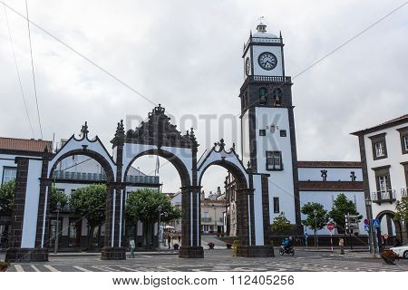 PONTA DELGADA, AZORES/PORTUGAL - CIRCA JUN, 2015: View of city gates in Ponta Delgada. City is located on Sao Miguel Island (233 km2) Region capital under the revised constitution of 1976.