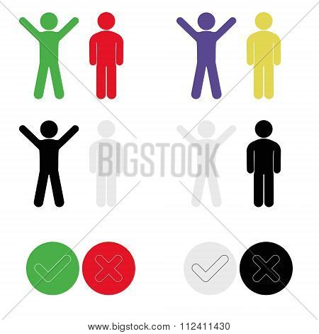 Icons With Symbol Of Person Expressing Joy And Sadness, Acceptance And Denial, Hands Raised Up, Hand