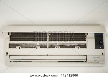 close up ice on coil cooler of dirty air conditioner