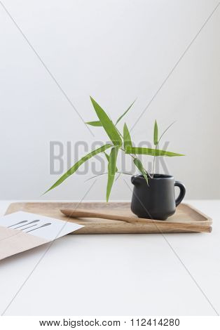 Reed In A Jar And Near Wooden Spoon On The Wooden Tray
