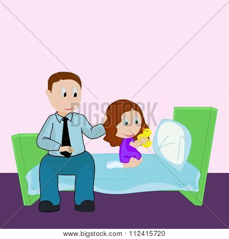 Father And Daughter. Bedtime. Girl Plays In Rubber Duck And Father Sits Near Her.