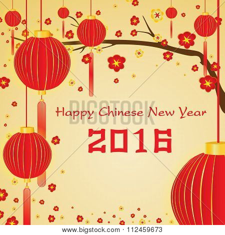 Happy Chinese New Year 2016 Card On Gold Background.