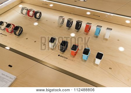 Khimki, Russia - December 22 2015. Apple watch in Mvideo large chain stores selling electronics and
