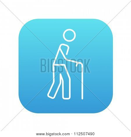 Man walking with cane line icon for web, mobile and infographics. Vector white icon on the blue gradient square with rounded corners isolated on white background.