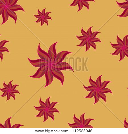 Stylized Star Anise Seamless Pattern. Red Elements On Yellow Background. Abstract Texture.