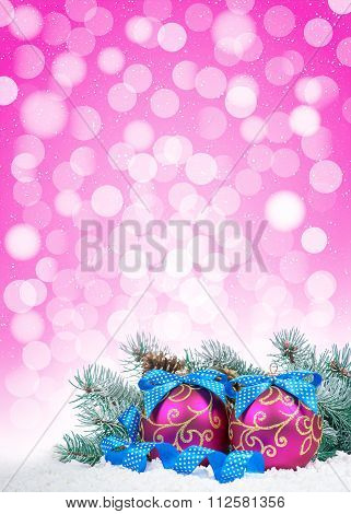 Christmas Baubles And Blue Balls With Snow Fir Tree