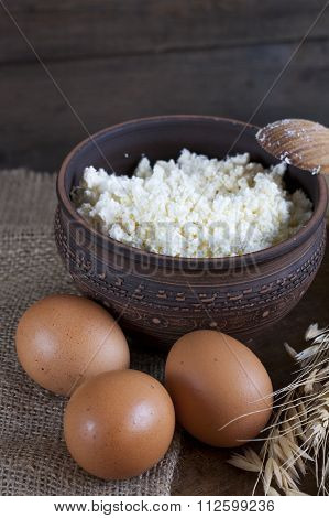 Rustic natural dairy products cottage cheese and bread