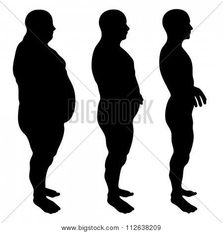 Vector concept or conceptual 3D fat overweight vs slim fit diet with muscles young man silhouette isolated on white background