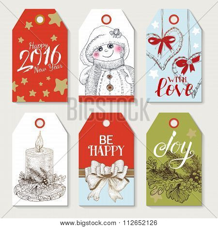Set of Merry Christmas hand drawn vintage elements.