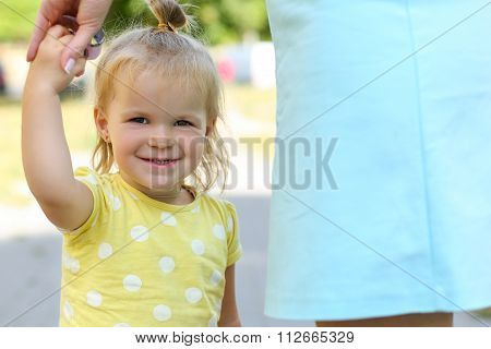 Smiling Funny Little Girl Outdoor Holding Mother Hand Portrait