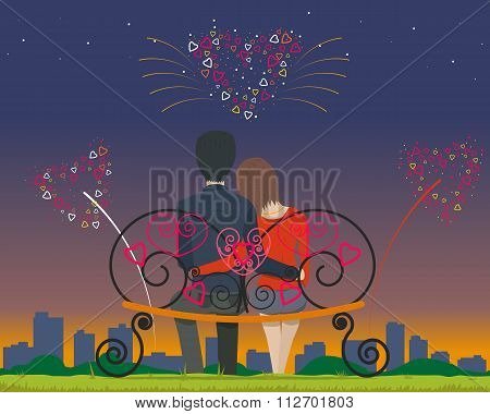 Couple sitting on a bench in the park in the evening and watching fireworks on Valentine's Day. Vect