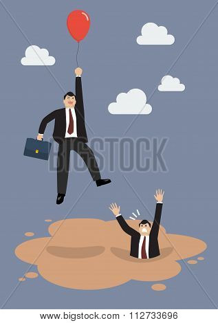 Businessman With Red Balloon Get Away From Puddle Of Quicksand