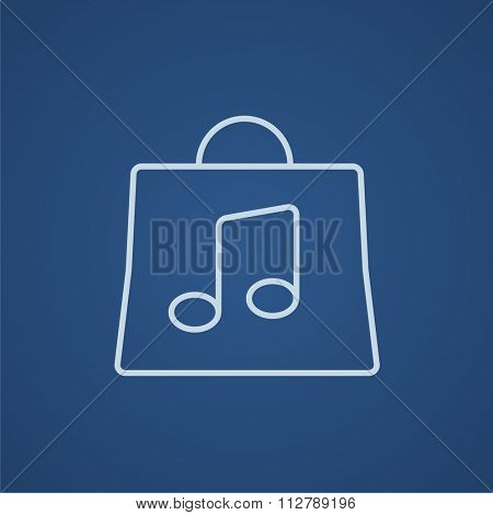 Bag with music note line icon for web, mobile and infographics. Vector light blue icon isolated on blue background.