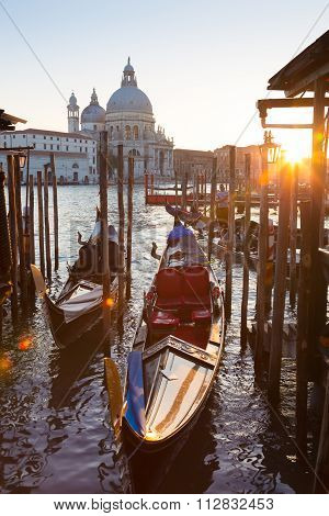 Gondolas in Grand Canal of Vienice, Italy.