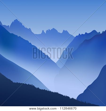 Lifeless Landscape With Huge Mountains. Vector Panorama In Blue Tones.