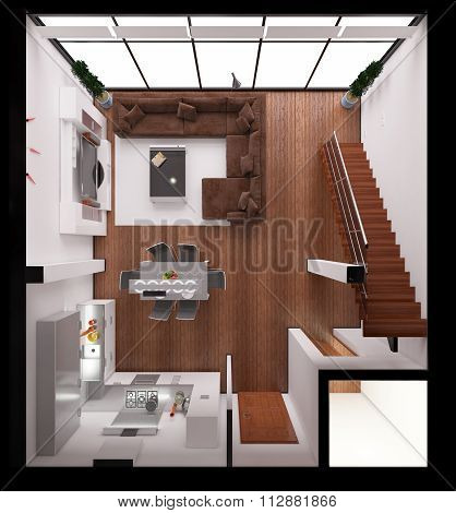 3D Interior Rendering Of A Modern Tiny Loft